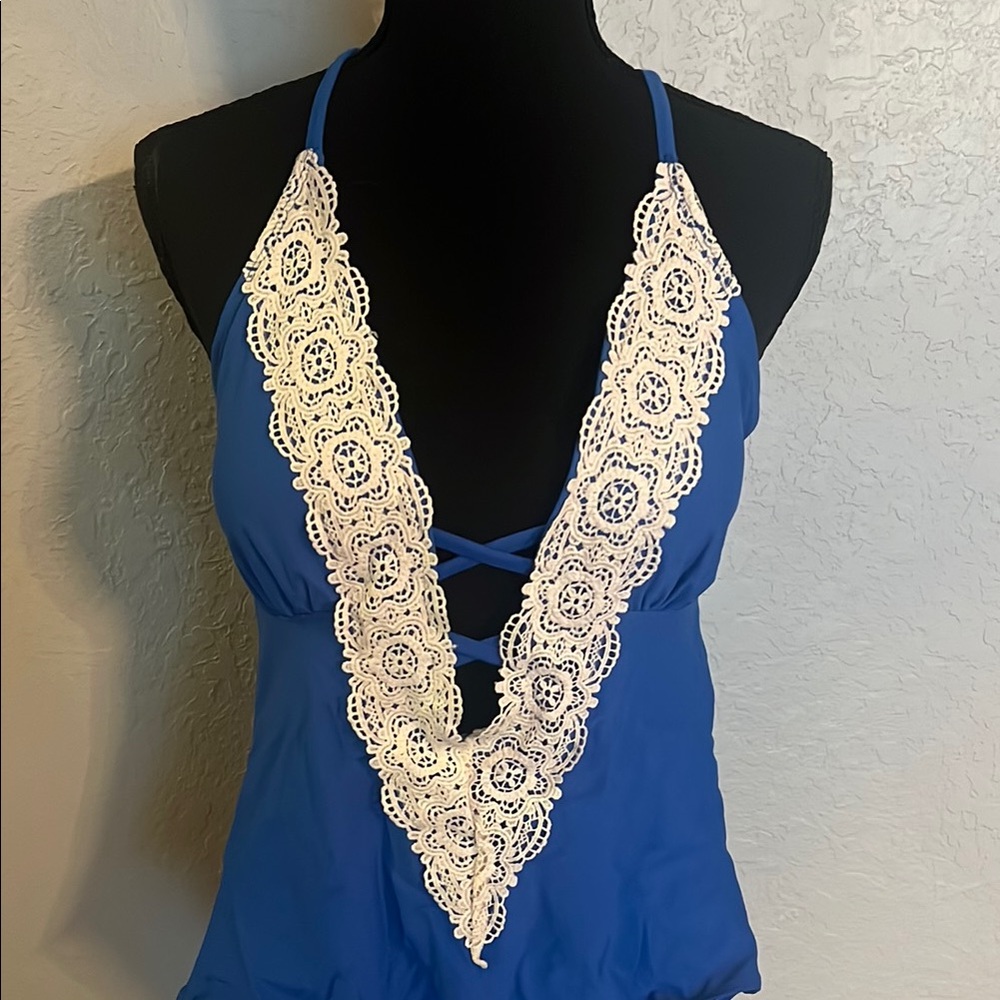 Cupshe Blue and White Lace One Piece Swimsuit